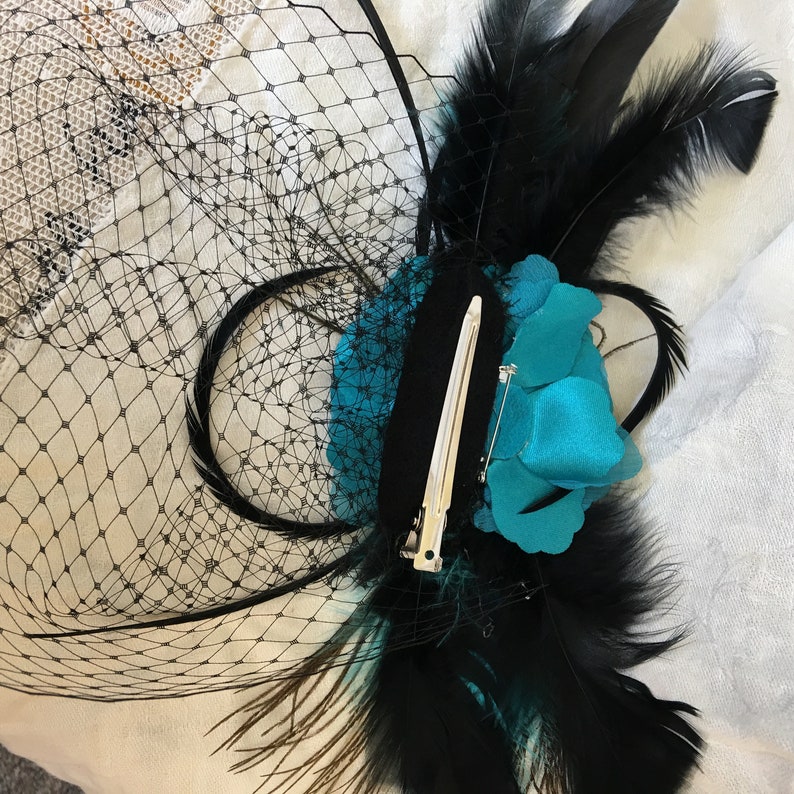Fascinator Hat Aqua Blue Flower Peacock Eye Marabou Black Etsy