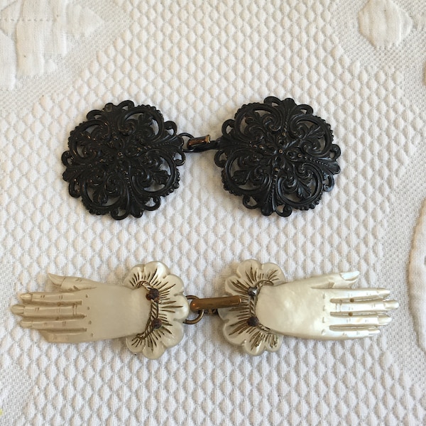 Vintage Frog Buckle Hook for Front of a Cape or Cloak. Black Filigree or Mother of Pearl Hands w/ Cut Steel at Wrist, Etched Ruffle. Choose.