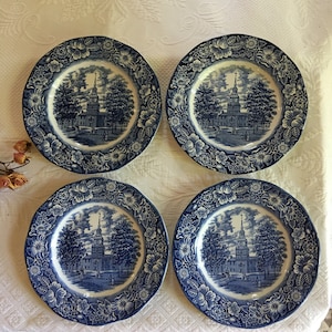 Vintage Liberty Blue Dinner Plates. Independence Hall Design From Original Copper Engravings. Printed on Staffordshire Ironstone.