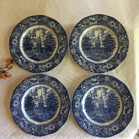Vintage Liberty Blue Dinner Plates. Independence Hall Design From