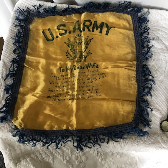 Vintage U. S. Army Satin Pillow Cover. Gold Satin and Blue