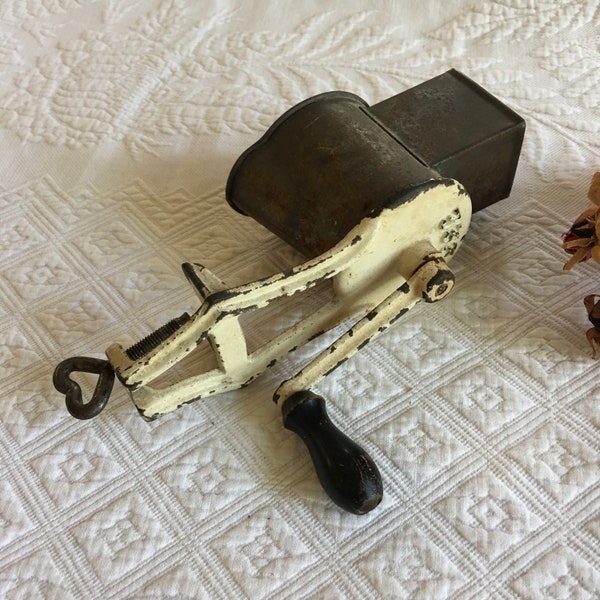 Vintage 1920s Hand Crank Cheese Grater. Metal with Wood Handle. Table Top Screw Holder.