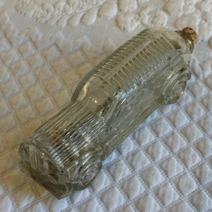 Antique 1930s Era Glass Candy Bottle Figural Car Container. Collectible Car Bottle with Cork Cap. Silver Ball Candy. Maybe Original Candy.