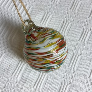 Vintage Blown Glass Ball Ornament to Hang or Use in a Ball Display. Wonderful Home Decoration. White, Yellow, Red and Blue Streaks.