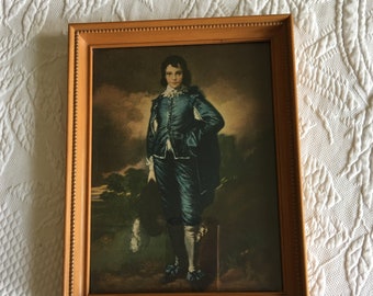 Vintage Picture of Blue Boy in a Wooden Frame with Hobnail Type Border Design. Charming Antique Picture.