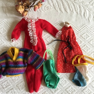 Vintage Barbie Doll Clothes. Red Sundress, Sweater, 2 Swimsuits and a Christmas Santa PJs. 5 Piece Barbie Doll Wardrobe.