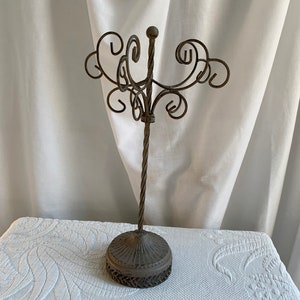 Vintage Jewelry Stand. Revolving Taupe and Black Antiqued Finish Wire Curls to Hold Necklaces and Bracelets. Openwork Bottom.