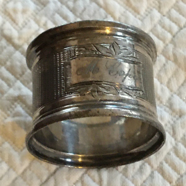 Vintage Napkin Ring. Silver Etched Flowers Over Monogram of M Cope. Designed Zig Zagged Lines Texture the Center of Napkin Ring.