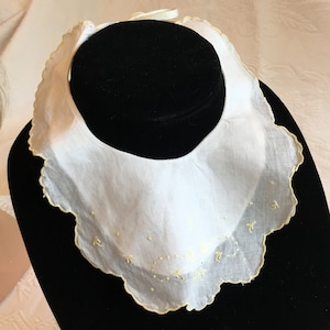 Vintage Baby Bib Embroidered, Double Scalloped Edge. Yellow Embroidered French Knots and Small Flowers. Double Lining.