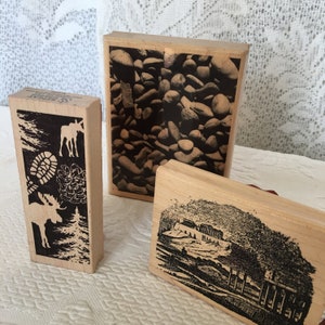 Craft Rubber Stamps of Outdoor Designs. Nature&#39;s Blessings Outdoor Scene, Repeat Impressions Pine Moose Shoe Print, Photo Finish River Rock.