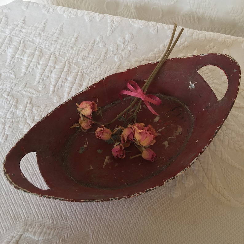 Rustic Construction Vintage Hand Made Oval Tin Container Painted Red Cut Out Handles on Ends Primitive Centerpiece Bowl.