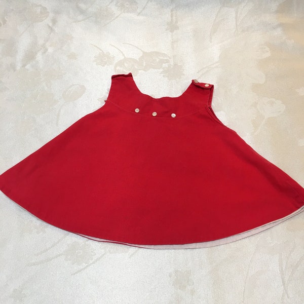 Vintage 6/9 Mo. Red Baby Jumper with Three White Buttons on Front and Buttoned Shoulders. Use for Doll or Baby. Red Lined in White Cotton.