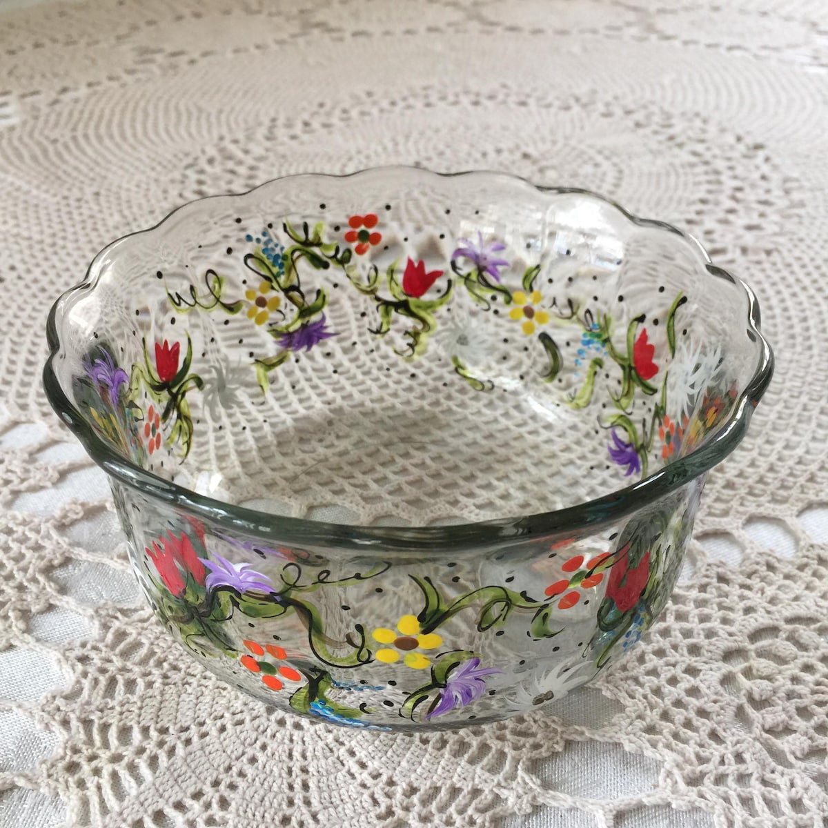 Vintage Clear Glass Serving Bowl With Hand Painted Flowers All Around. Charming for Serving Fruit or Snacks. - Etsy