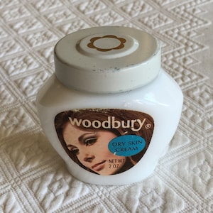Vintage 1930s Woodbury Cold Cream Jar with Labels Intact. Charming Display Bottle. White Milk Glass Bottle.