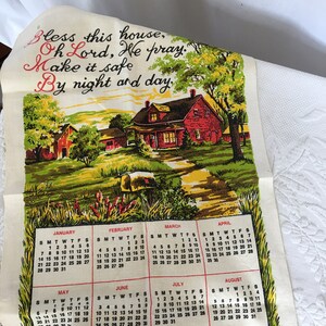 Vintage 1973 Tea Towel. Bless This House With Picture of a Red House and Out Buildings With Positive Words and Prayer. Vintage Kitchen.