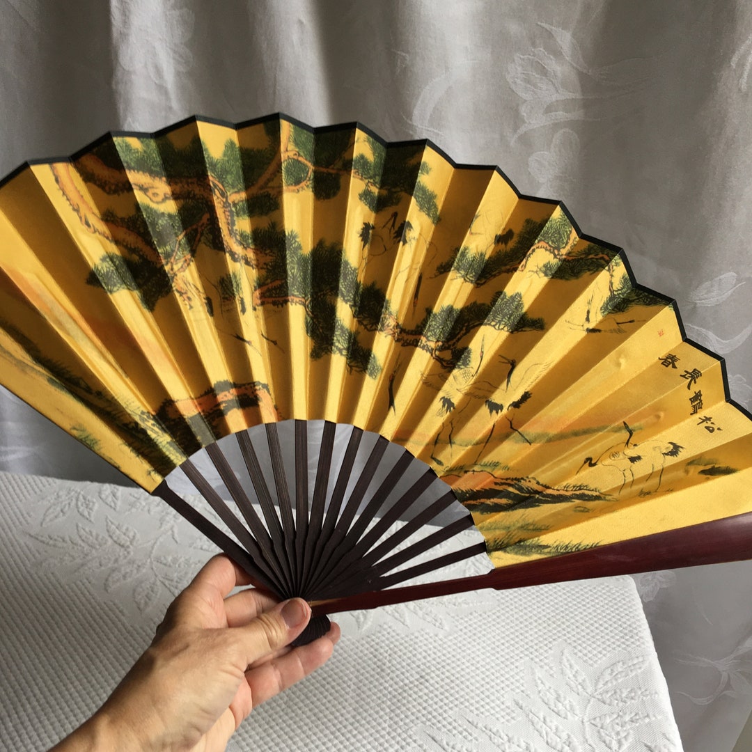 Vintage Silk and Wood Large Hand Fan. Oriental Characters on Etsy