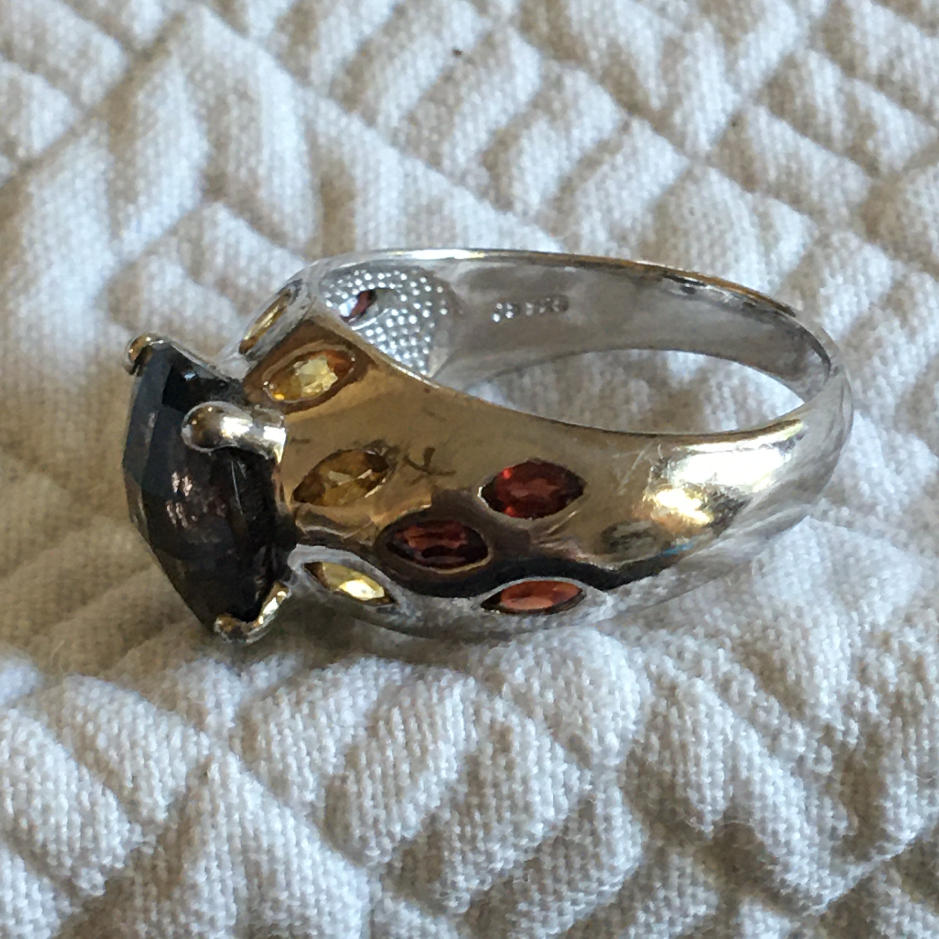 Vintage JS 925 Multi Stone Ring From Thailand. Large Smoky
