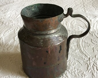Vintage Primitive Copper Hand Wrought Pitcher Type Handled Container. Hammered Copper & Iron Milk or Cream Pitcher Can. Hand Wrought Copper.