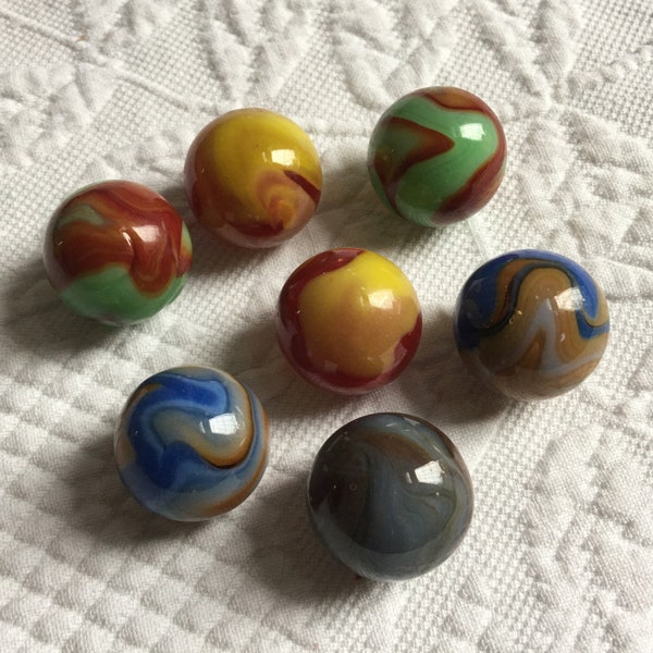 Vintage 25 mm Handmade 2 or 3 Marbles. Glass Swirl Designs. 2 Orange and Yellow, 2 Red and Green or 3 Blue and Orange. Artistic.