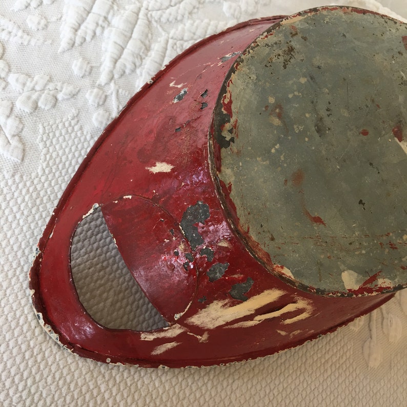 Rustic Construction Vintage Hand Made Oval Tin Container Painted Red Cut Out Handles on Ends Primitive Centerpiece Bowl.