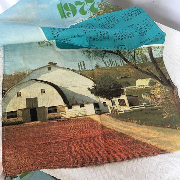 Vintage 1977 Cotton Muslin Tea Towel. Picture of a Barn and Fields With Predominant Teal Blue Color. #18143 Made in Hongkong.