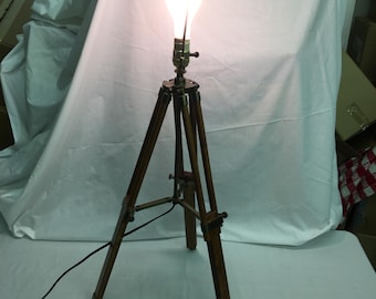 Antique Wood Tripod Lamp. Telescoping Legs on This, Great for the Office, Lamp.