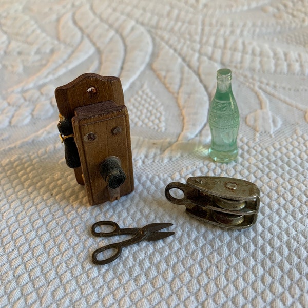 Vintage Doll House Accessories. Miniature Wood Wall Phone, Coca Cola Bottle, Double Metal Pulley and Industrial Scissors That Work.