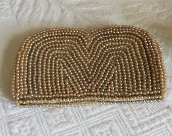Vintage Off White Pearl Clutch with Silver Rochelle Beads Between. Made in Japan. Zipper in Top.