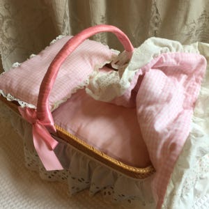 Vintage Basket Cabbage Patch Doll Bed with Handmade Pillows, Comforter, Basket Bed with Eyelet Skirt. Tiny Rosebud and Pink Gingham Bedding.