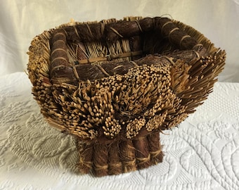Vintage Rustic Tied and Trimmed Basket. Use for Centerpiece or Sit a Plant Into the Plastic Liner. Rustic Looking. Charming for Display.