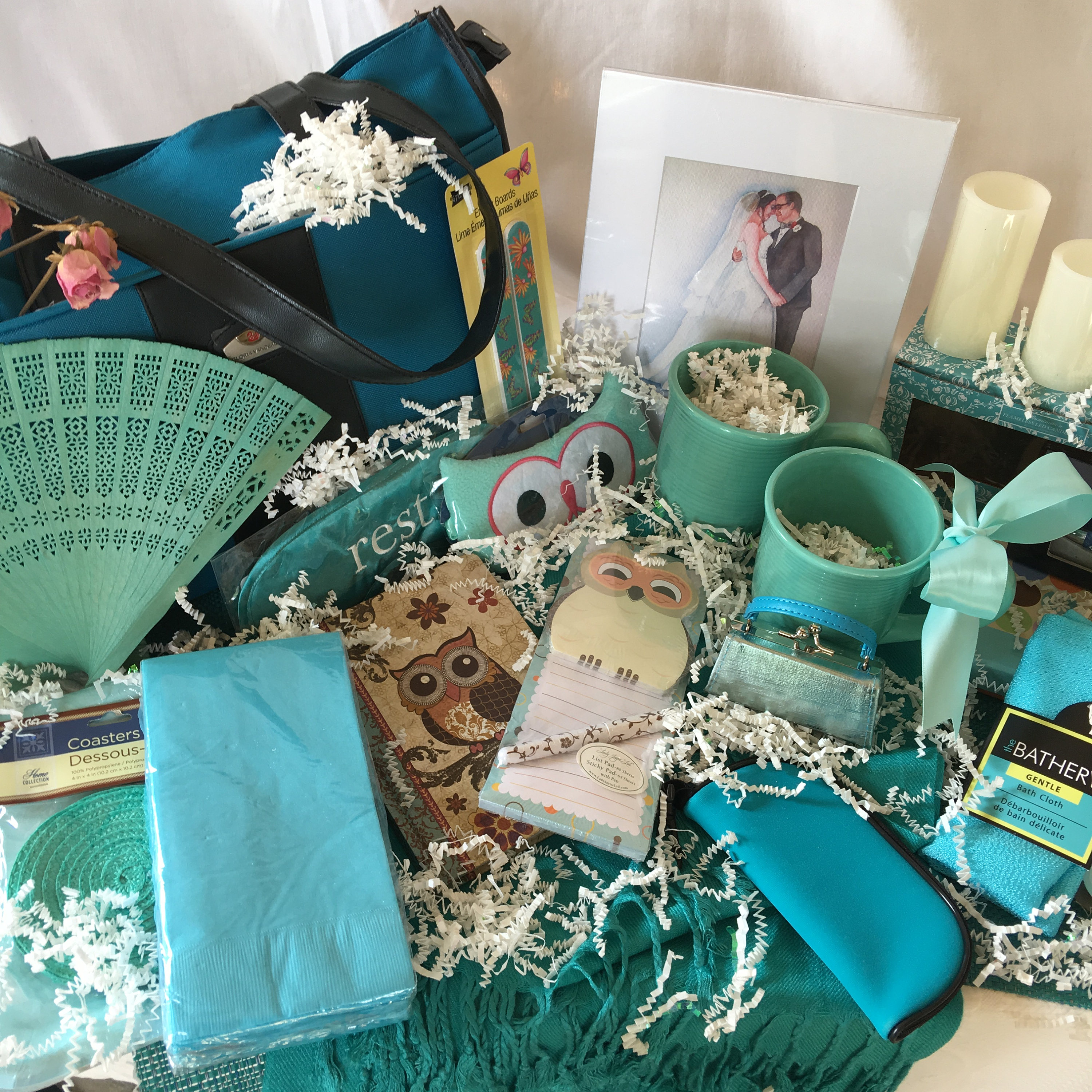 Honeymoon Fun Kit. Bridal Kit Bag, Fan, Shawl, Mugs, Plates, Napkins, Notes, Journal, Frame, Eye Masks and Case, Mini Purse in Teal Aqua.