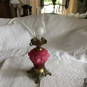 Antique Glass Victorian Rose Lamp W/ Hurricane Shade. Dark Pink Molded Roses Body of Lamp, Fancy Brass Base. Feminine Design. Electric Lamp.