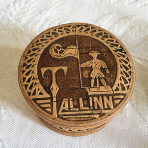 Vintage Embossed Wooden Tallinn Box with Soldier Holding a Flag. Beautiful Border and Box Sides. Charming Wood Box.