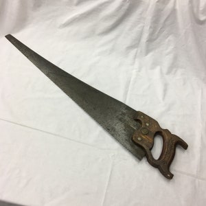 Antique Carpenter&#39;s Saw. Warranted Superior Wheat Spray Carved Design on Wooden Handle. Hand Rip Saw Carpenter&#39;s Tool.