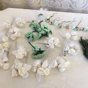 Craft Bridal Flowers for Favor Decoration. White Satin Roses and Light Green Small Roses. Rose Stems for Crafting.