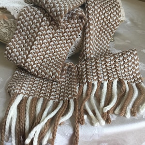 Vintage Nine West Knitted Winter Scarf with Braided Fringe Ends in Beige and White. 100% Acrylic Soft Yarn.