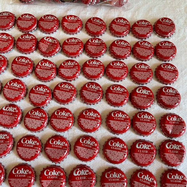 Vintage Choose 100 Coke Classic Coca Cola Bottle Caps. Repurpose in Crafting Projects. All Red and White With Lots of Printed Information.