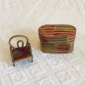 Vintage Miniature Reed Chair and Chipboard Painted Oval Box. Chair Does Not Fit Inside Box.