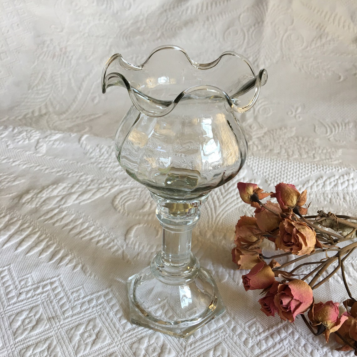 Vintage Candle Holder With Fluted and Ruffled Hurricane Shade. Etsy