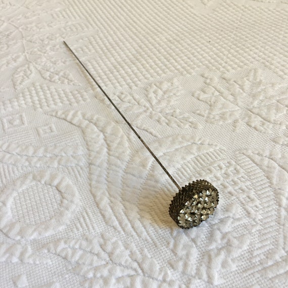 Victorian Hat Pin, Filigree Rhinestone Gold HAT PIN. 27 Rhinestones on Top of Gold Filigree Sides. 10" Long Hat Pin.