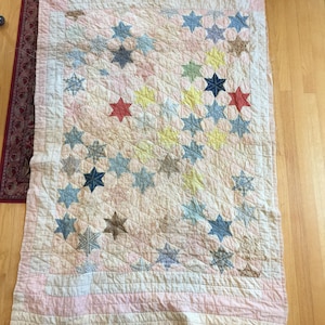 Antique 1800s Fabric Stars Quilt 73 1/2&quot; X 47&quot;. Hexagon Setting Triangles Small Prints. Cream w/ Black Back. Hand Pieced and Hand Quilted.