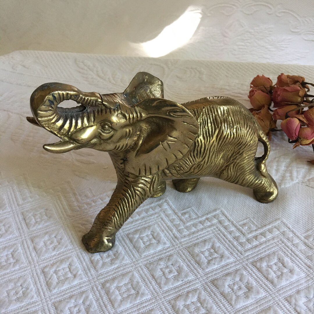 Vintage Brass Elephant Figurine. Etched Details on This Gold Brass Elephant in Motion. Use as a
