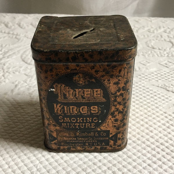 Mélange de tabac à fumer antique des trois rois. Wm. S. Kimball & Co. Rochester New York. Turc authentique. L'étain fait dans une banque.