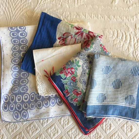 1950s and 1960s Lot of 5 White and Blue Linen and Cotton Crochet Edges Vintage Handkerchiefs