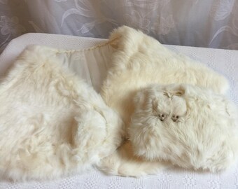 Vintage Girls White Rabbit Fur Shoulder Wrap Stole with Ball Decoration and Front Hook. Satin Lined. Matching Muff with Two Little Animals.