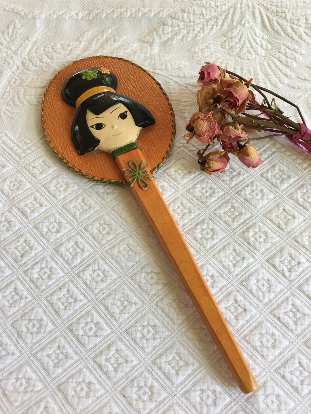 Traditional Geisha Mirror Vintage Japanese Geisha Wooden Hand Mirror in Orange and Black. Unique ...