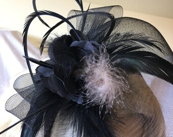 Fascinator Headband Hat, Iridescent Black Feathers, Wispy 