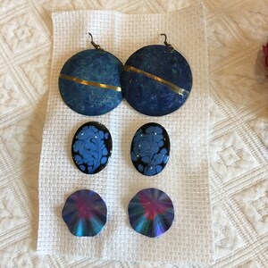 Vintage 3 Pair Artists Pierced Earrings. Ear Wires With Domed Discs. Enamel and Hear Colored Metal Artists Earrings.