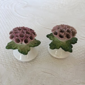 Vintage Flowers in Vase Salt and Pepper Shakers. White Vases With a Circle of Green Leaves Then a Bunch of Flowers.
