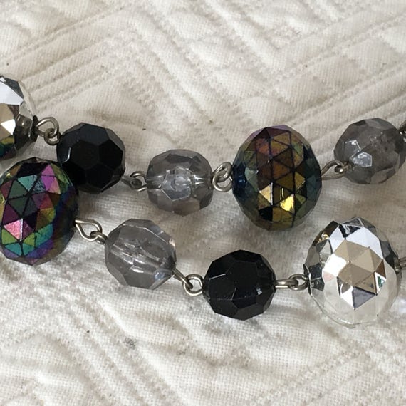 Collier Vintage XIXe Siècle - Doubles Rangs De Perles Noires à Facettes Irisées - Bijou Ancien Occasion
